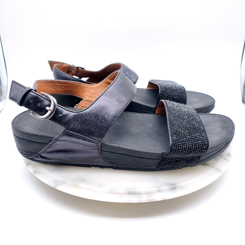 FitFlop Ritzy‎ Black Shimmer Crystal Leather Back-Strap Comfort Sandals Size 10